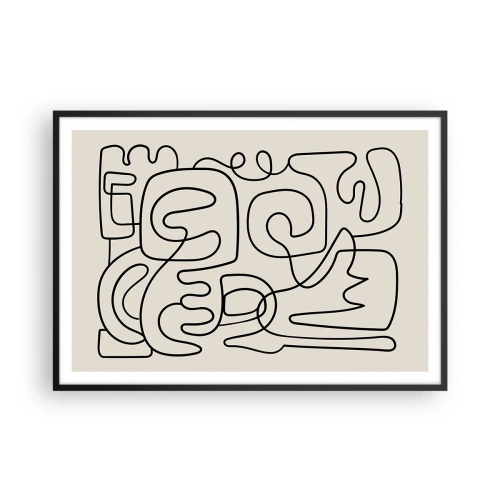 Poster in einem schwarzem Rahmen - Abstraktes Linienkunstmuster in Schwarz auf hellem Hintergrund - 100x70cm - Folge der Spur - Moderne Wanddekoration für Wohnzimmer und Schlafzimmer ARTTOR