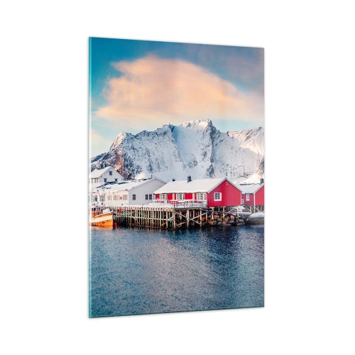 Glasbild - Bild auf glas - Rote Fischerhütten am Fjord mit Bergen im Hintergrund - 50x70cm - Nördlicher Rückzug - Moderne Wanddekoration für Wohnzimmer und Schlafzimmer ARTTOR