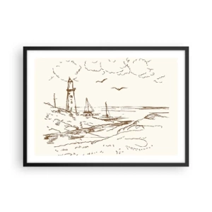 Poster in einem schwarzem Rahmen - Skizze eines Leuchtturms mit Blick auf das Meer - 70x50cm - Ein Überblick über die Erinnerungen an den Sommer - Moderne Wanddekoration für Wohnzimmer und Schlafzimmer ARTTOR