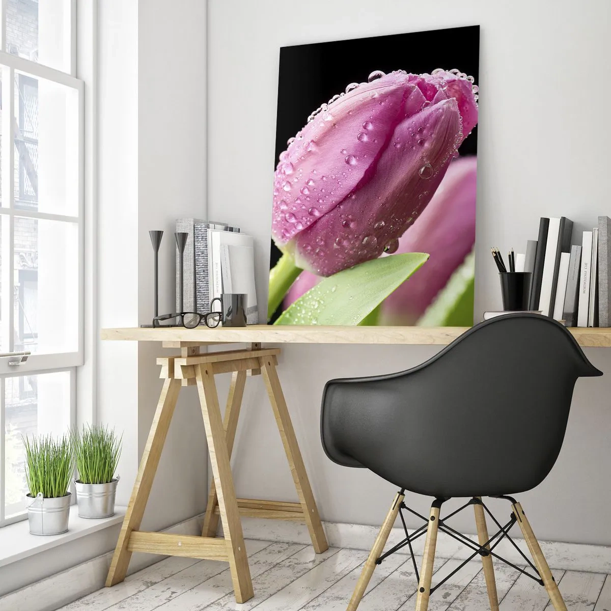 Glasbild - Bild auf glas - Rosa Tulpen mit Tautropfen bedeckt auf schwarzem Hintergrund - 50x70cm - Lila Traum im Tau - Moderne Wanddekoration für Wohnzimmer und Schlafzimmer ARTTOR
