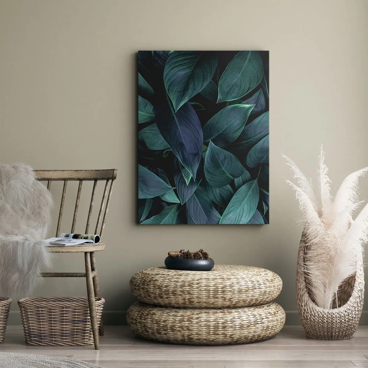 Bild auf Leinwand - Leinwandbild - Nahaufnahme von grünen Blättern mit dunklem Hintergrund - 50x70cm - Grün in sich selbst - Moderne Wanddekoration für Wohnzimmer und Schlafzimmer ARTTOR