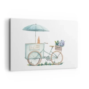 Bild auf Leinwand - Leinwandbild - Ein Fahrrad mit Eis und Blumen unter einem Regenschirm in zarten Pastellfarben - 120x80cm - Süße Erinnerung an den Sommer - Moderne Wanddekoration für Wohnzimmer und Schlafzimmer ARTTOR