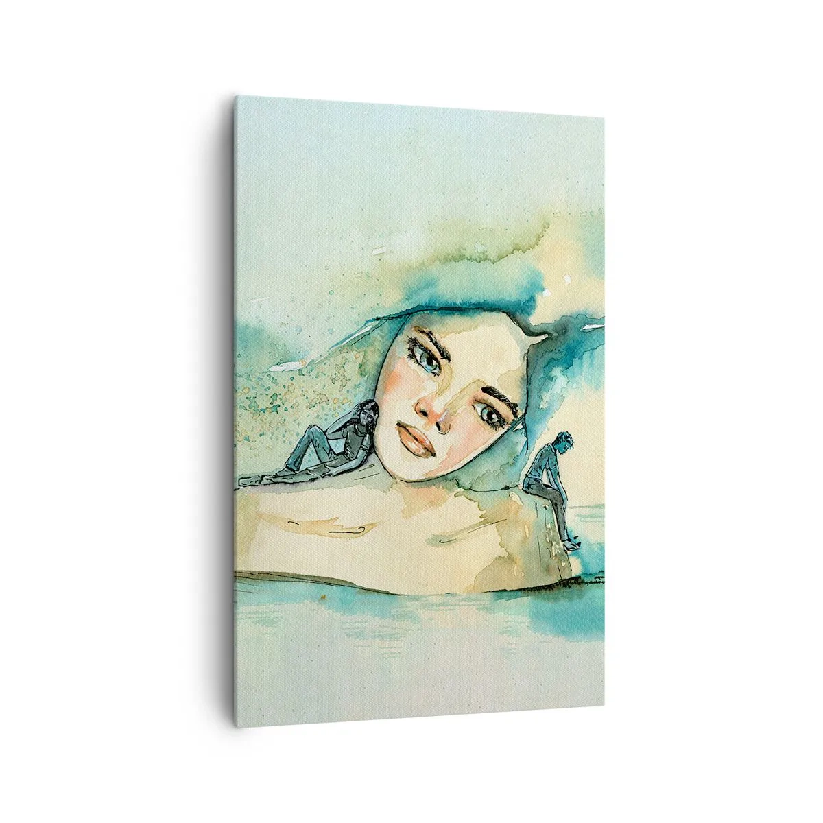 Bild auf Leinwand - Leinwandbild - Aquarell eines Frauengesichts mit reflektierendem Motiv - 80x120cm - Bin ich blau? - Moderne Wanddekoration für Wohnzimmer und Schlafzimmer ARTTOR