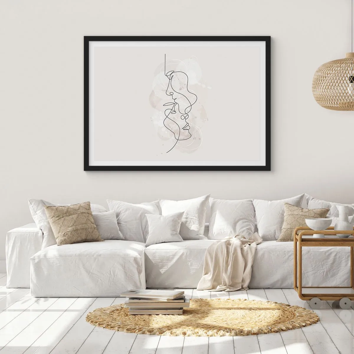 Poster in einem schwarzem Rahmen - Abstrakte Umrisse zweier Gesichter auf hellem Hintergrund - 100x70cm - Verstrickt in eine Umarmung - Moderne Wanddekoration für Wohnzimmer und Schlafzimmer ARTTOR