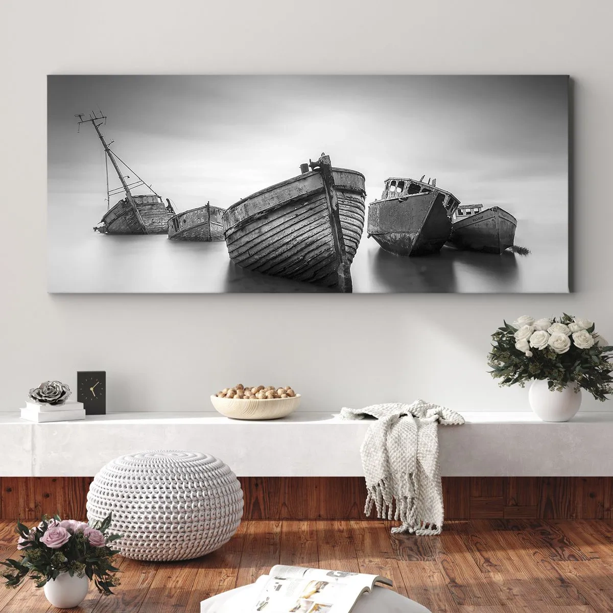 Bild auf Leinwand - Leinwandbild - Verlassene Boote auf ruhigem Wasser - 140x50cm - Nur Erinnerungen ... - Moderne Wanddekoration für Wohnzimmer und Schlafzimmer ARTTOR