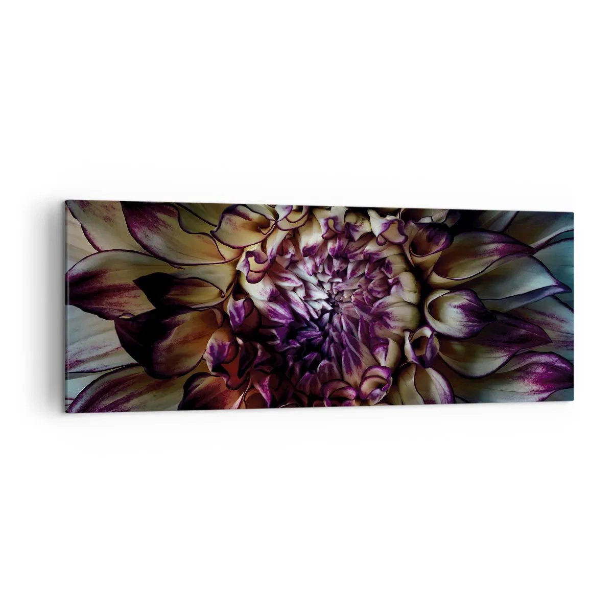 Bild auf Leinwand - Leinwandbild - Nahaufnahme einer Dahlienblüte in dunklen Tönen - 140x50cm - Die Blütezeit der Jugend - Moderne Wanddekoration für Wohnzimmer und Schlafzimmer ARTTOR
