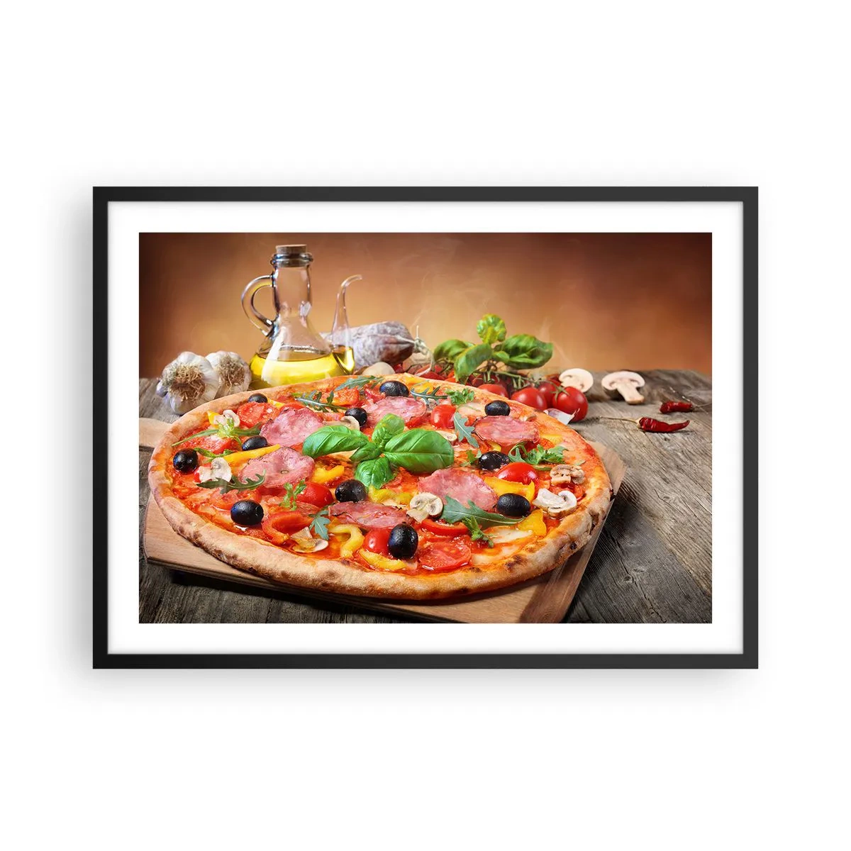 Poster in einem schwarzem Rahmen - Appetitliche Pizza auf einem Holztisch mit Belag - 70x50cm - Mit echtem italienischem Flair - Moderne Wanddekoration für Wohnzimmer und Schlafzimmer ARTTOR