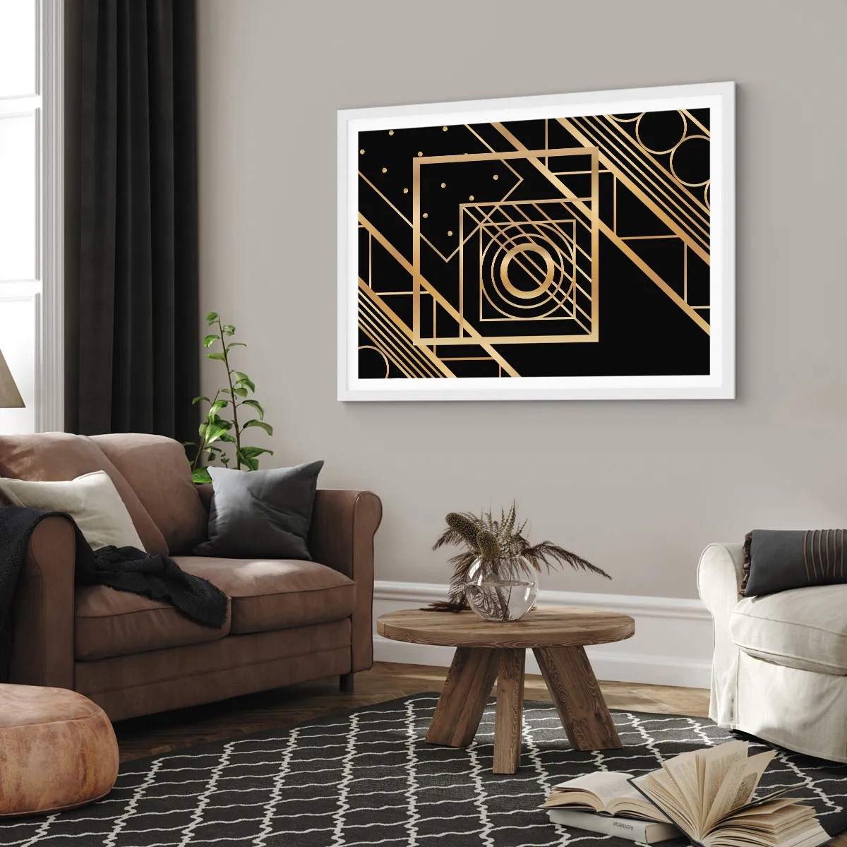 Poster in einem weißen Rahmen - Goldene Geometrie - 100x70 cm