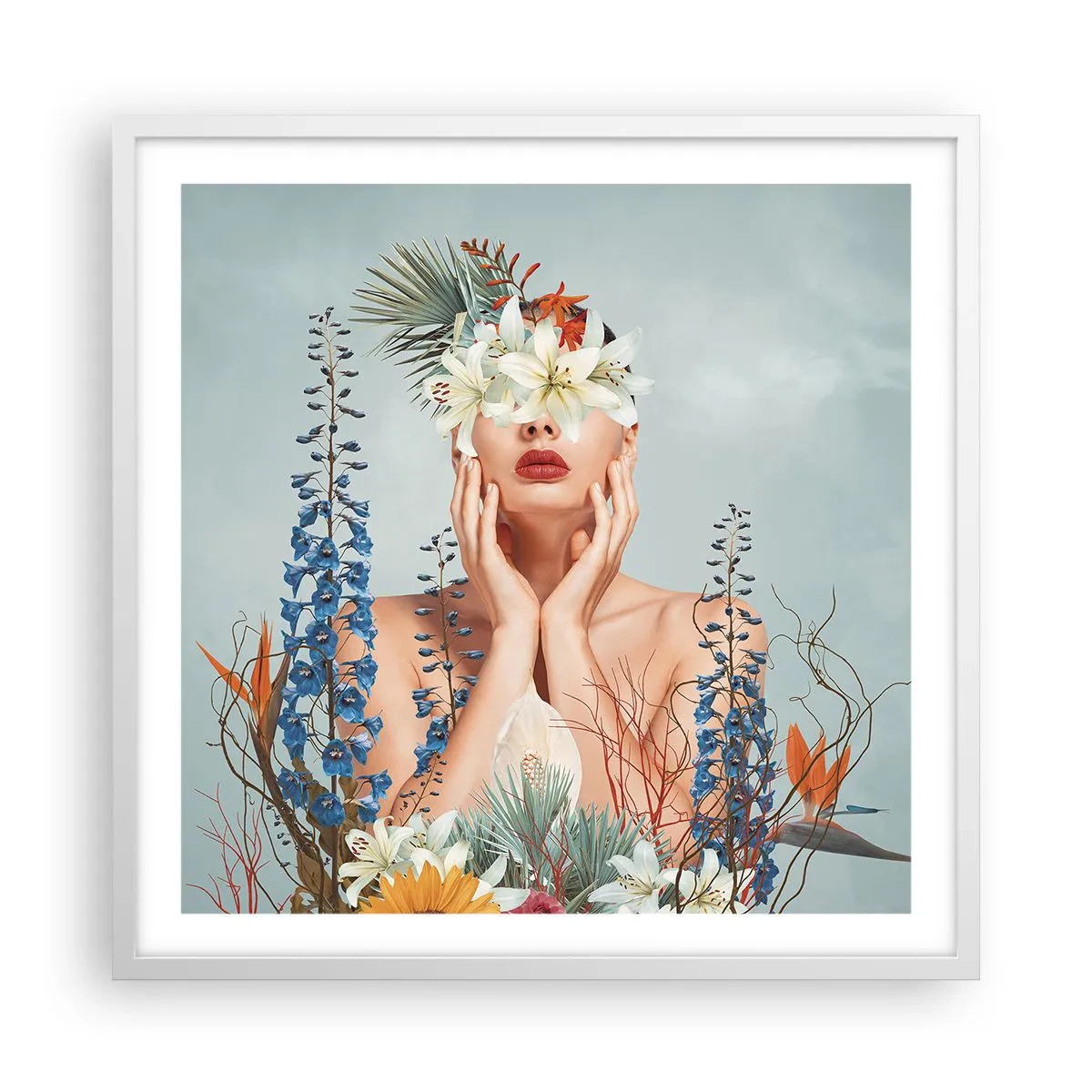 Poster in einem weißen Rahmen - Frau - Blume - 60x60 cm