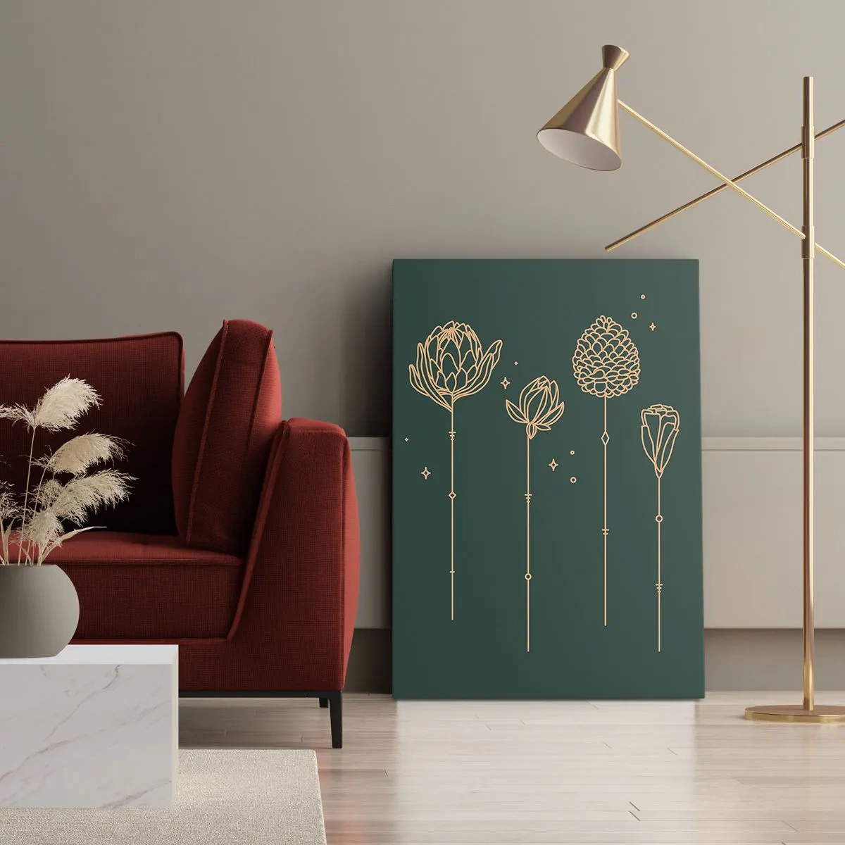 Bild auf Leinwand - Leinwandbild - Goldene Zeichnungen von Kräutern auf dunkelgrünem Hintergrund - 50x70cm - Familie ZIÓŁkowski - Moderne Wanddekoration für Wohnzimmer und Schlafzimmer ARTTOR