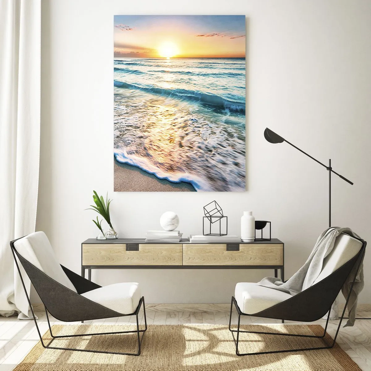 Glasbild - Bild auf glas - Sonnenaufgang über einem ruhigen Strand mit Wellen - 70x100cm - Ein Blick lohnt sich - Moderne Wanddekoration für Wohnzimmer und Schlafzimmer ARTTOR