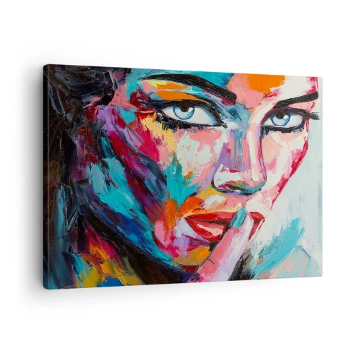 Bild auf Leinwand - Leinwandbild - Farbenfrohes Porträt einer Frau im abstrakten Stil - 70x50cm - Unser erstes Geheimnis - Moderne Wanddekoration für Wohnzimmer und Schlafzimmer ARTTOR