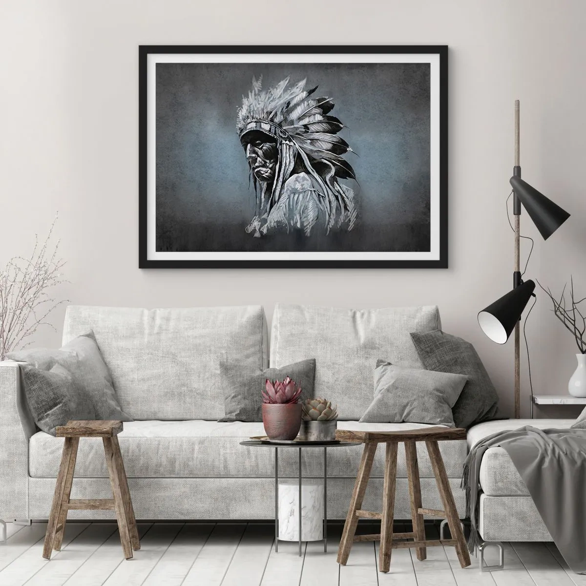 Poster in einem schwarzem Rahmen - Porträt eines Indianerhäuptlings mit traditioneller Kopfbedeckung - 70x50cm - Zurück zu den Wurzeln - Moderne Wanddekoration für Wohnzimmer und Schlafzimmer ARTTOR