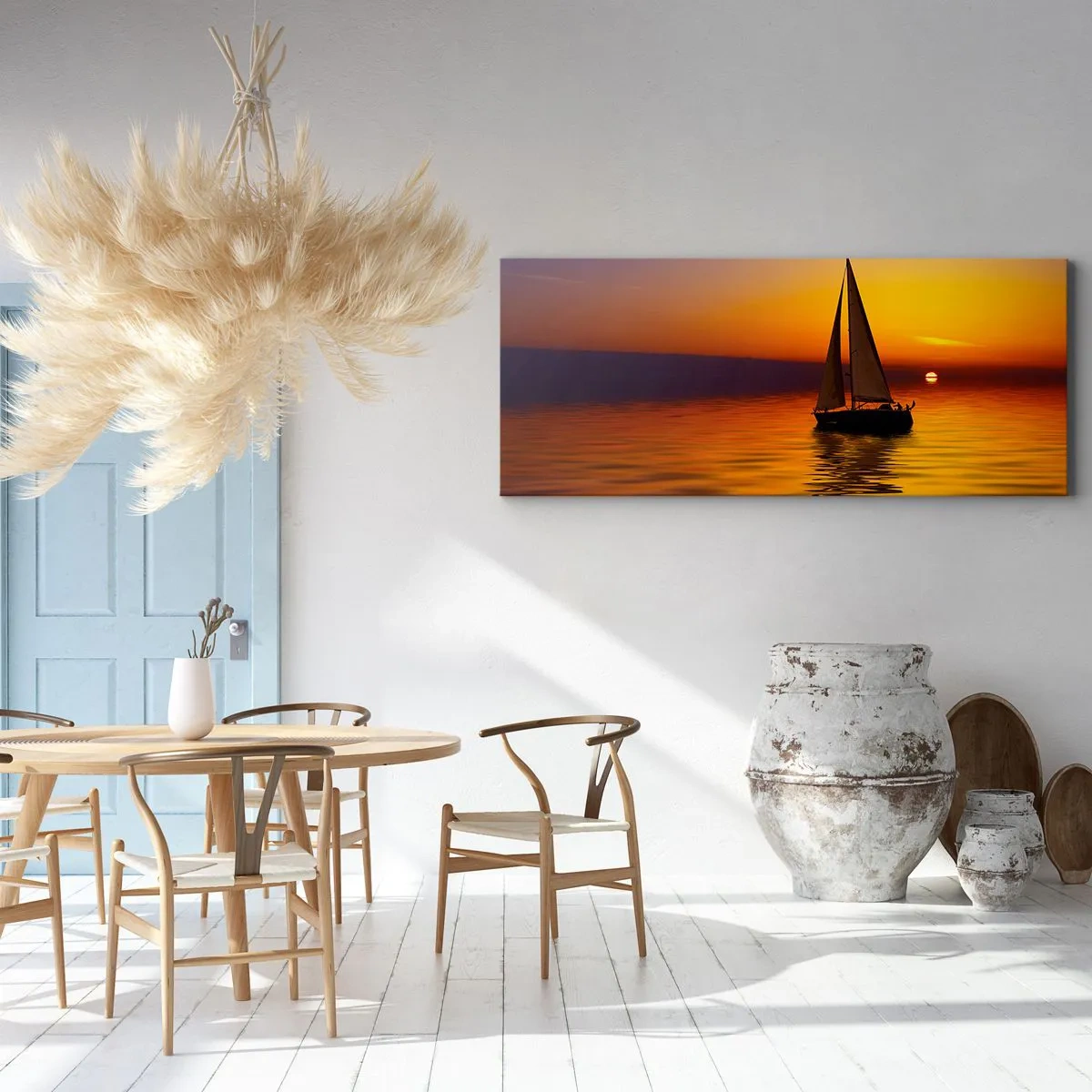 Bild auf Leinwand - Leinwandbild - Ein Segelboot auf ruhiger See bei Sonnenuntergang - 120x50cm - Wie ruhig es hier in der Abenddämmerung ist... - Moderne Wanddekoration für Wohnzimmer und Schlafzimmer ARTTOR