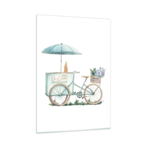 Glasbild - Bild auf glas - Ein Fahrrad mit Eiscreme und pastellfarbenen Blumen - 50x70cm - Süße Erinnerung an den Sommer - Moderne Wanddekoration für Wohnzimmer und Schlafzimmer ARTTOR