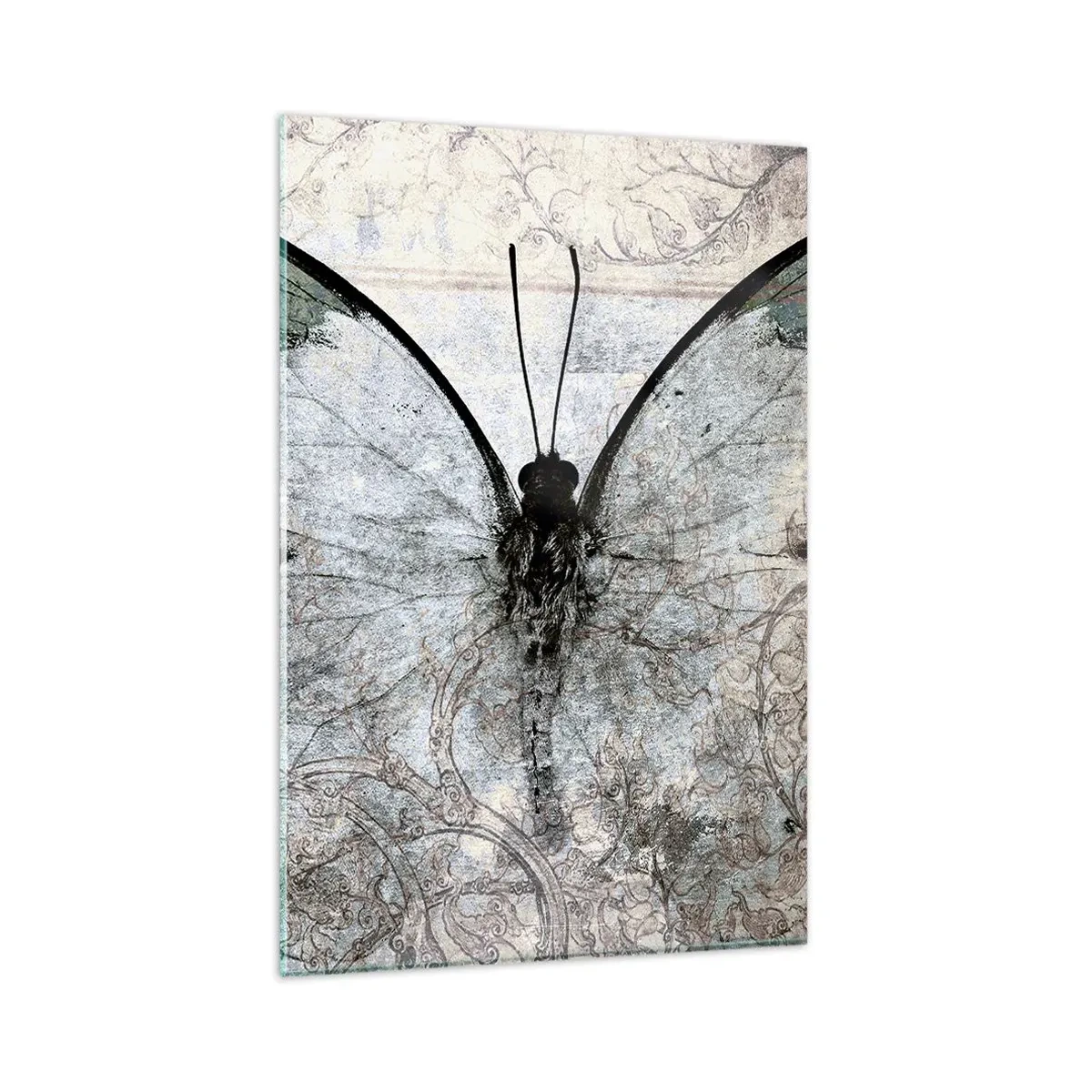 Glasbild - Bild auf glas - Ein Schmetterling in Grün- und Grautönen auf dekorativem Hintergrund - 80x120cm - Im Jugendstil - Moderne Wanddekoration für Wohnzimmer und Schlafzimmer ARTTOR