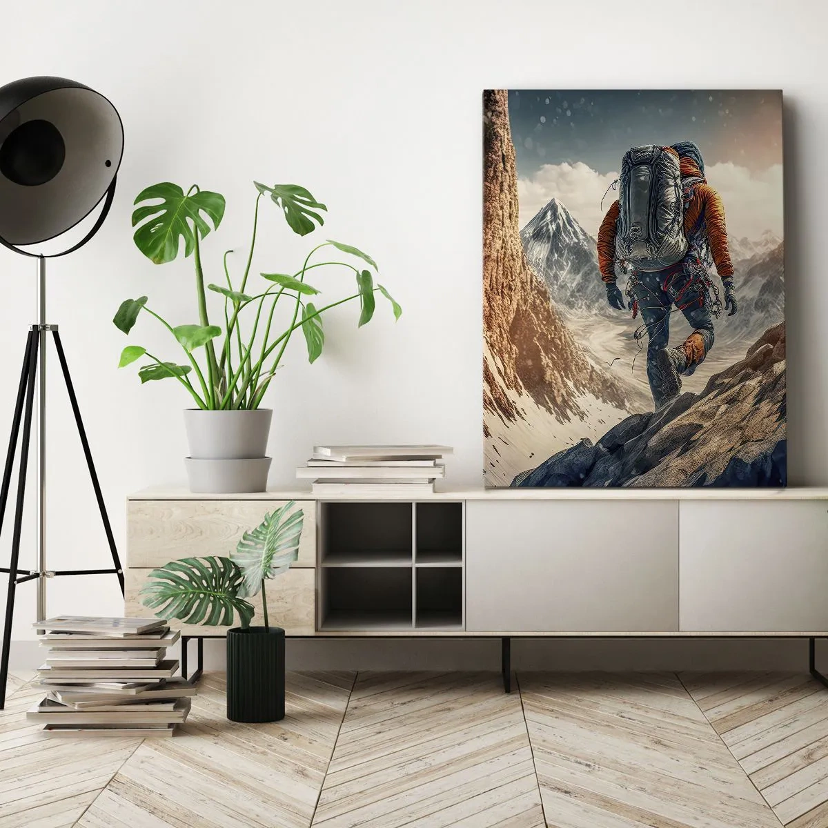 Bild auf Leinwand - Leinwandbild - Ein Bergsteiger auf einem Bergpfad in einer Winterlandschaft - 50x70cm - Einsamer Krieger - Moderne Wanddekoration für Wohnzimmer und Schlafzimmer ARTTOR