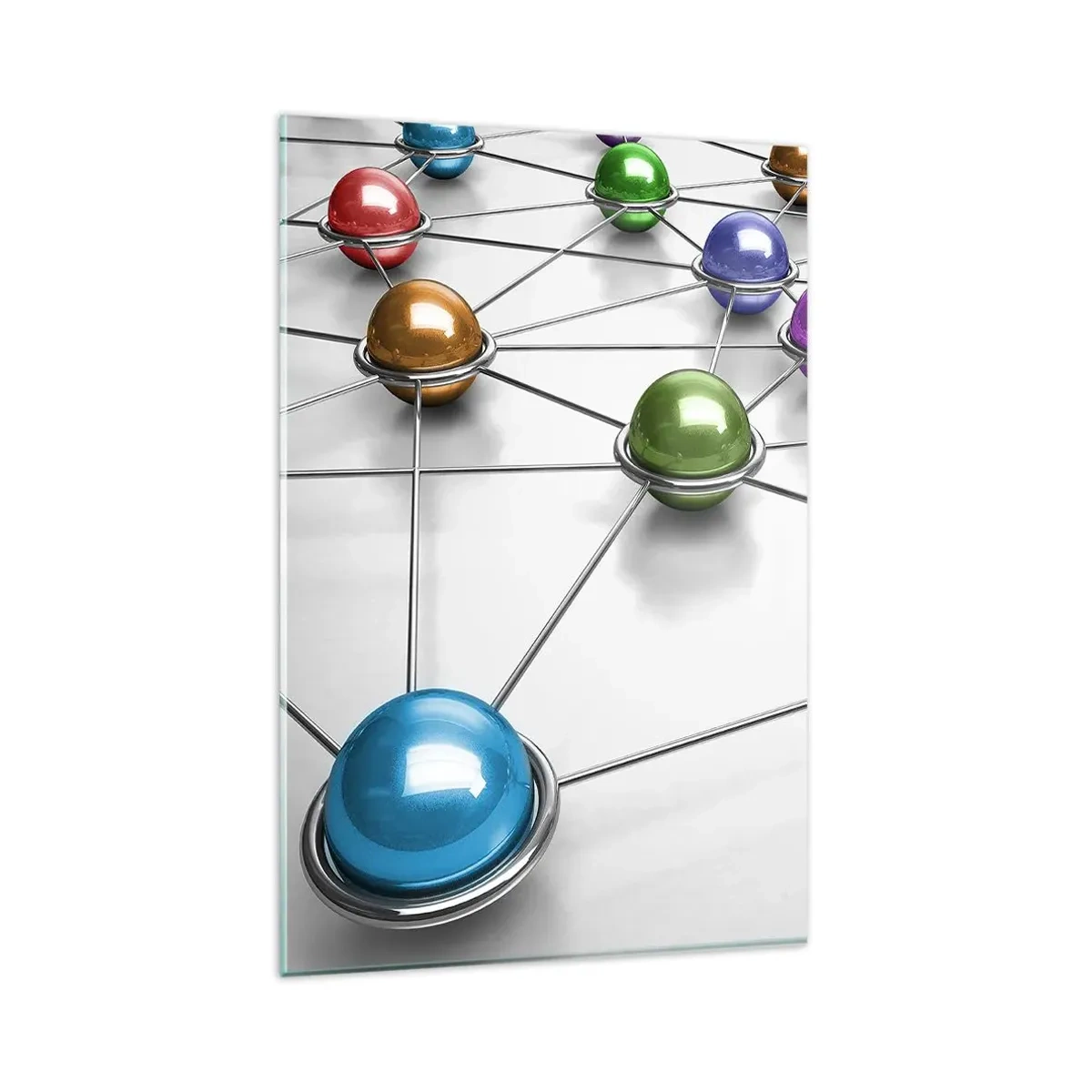 Glasbild - Bild auf glas - Bunte Kugeln, die durch dünne Linien auf weißem Hintergrund verbunden sind - 80x120cm - Kosmisches Spinnennetz - Moderne Wanddekoration für Wohnzimmer und Schlafzimmer ARTTOR