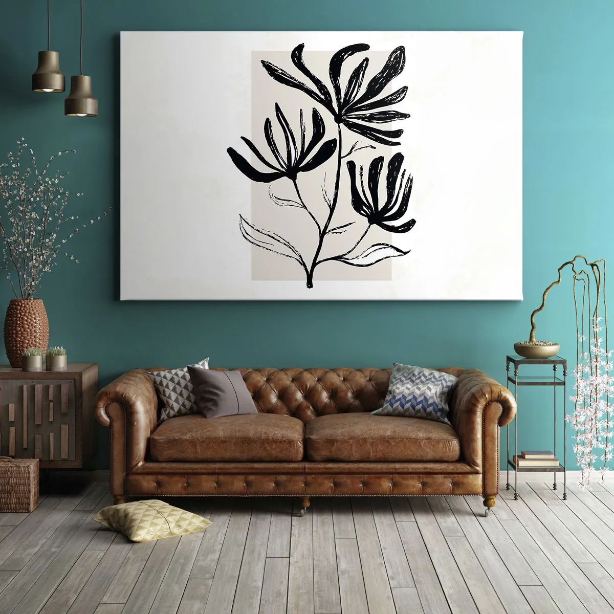 Bild auf Leinwand - Leinwandbild - Minimalistisches schwarz-weißes Blumenmotiv - 120x80cm - Skizze für das Herbarium - Moderne Wanddekoration für Wohnzimmer und Schlafzimmer ARTTOR