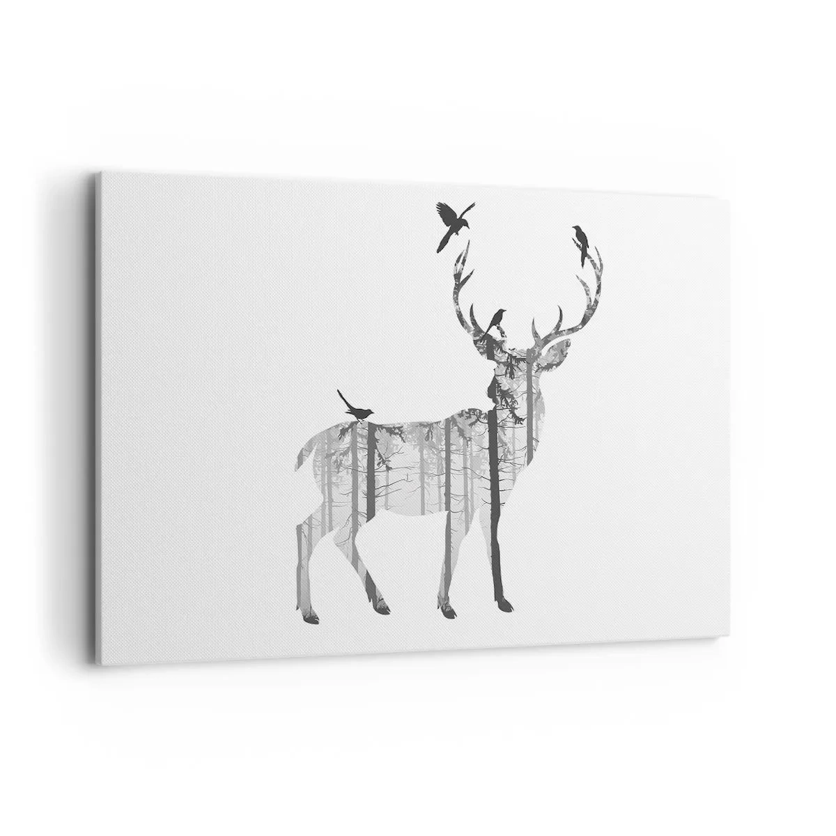Bild auf Leinwand - Leinwandbild - Silhouette eines Hirsches mit Wald und Vögeln - 120x80cm - Guter Waldgeist - Moderne Wanddekoration für Wohnzimmer und Schlafzimmer ARTTOR