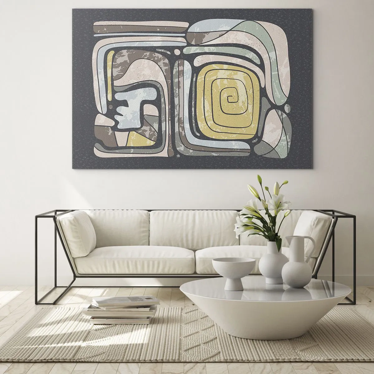 Glasbild - Bild auf glas - Geometrische Abstraktion in erdigen Farben auf schwarzem Hintergrund - 70x50cm - Abstraktion im präkolumbianischen Geist - Moderne Wanddekoration für Wohnzimmer und Schlafzimmer ARTTOR