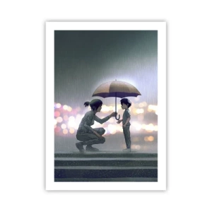 Poster - Ein Erwachsener reicht einem Kind vor einem regnerischen Hintergrund einen Regenschirm - 50x70cm - Und jetzt ist alles in Ordnung - Moderne Wanddekoration für Wohnzimmer und Schlafzimmer ARTTOR