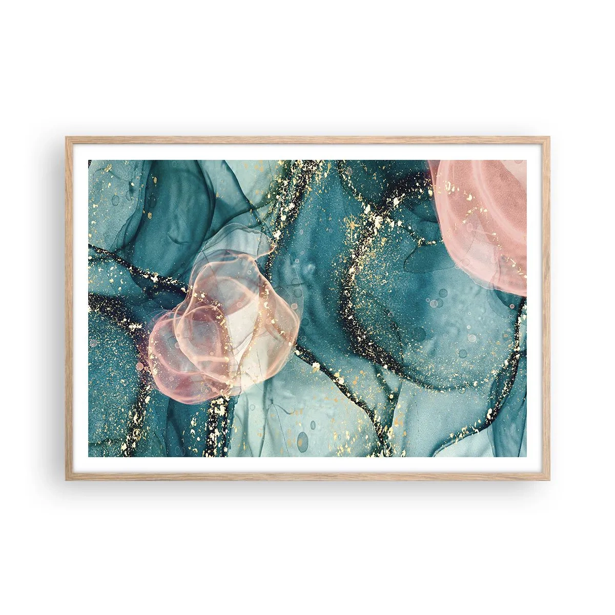 Poster in einem Rahmen aus heller Eiche - Seidenblau, Tüllrosa - 100x70 cm