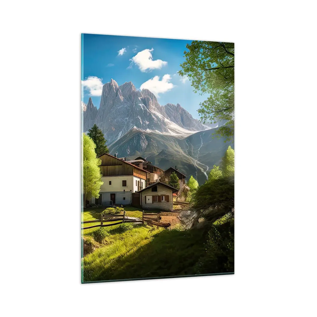 Glasbild - Bild auf glas - Ein Bergdorf mit Häusern und Blick auf die Alpen - 80x120cm - Alpenidylle - Moderne Wanddekoration für Wohnzimmer und Schlafzimmer ARTTOR
