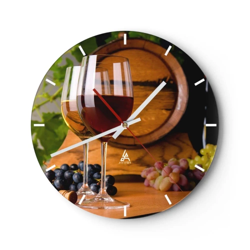 Wanduhr - Glasuhr - Gläser Wein vor dem Hintergrund eines Fasses und Trauben - 30x30cm - Wie die alten Meister - Moderne Wanddekoration für Wohnzimmer, Küche und Schlafzimmer ARTTOR