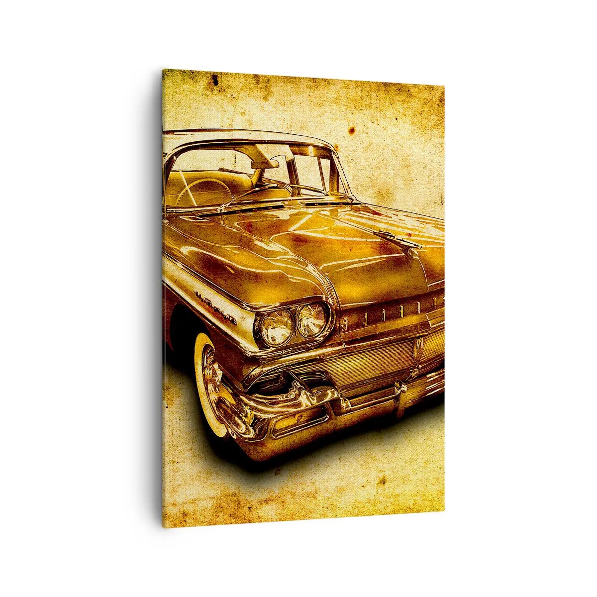 Bild auf Leinwand - Leinwandbild - Ein goldenes klassisches Retro-Auto auf einem Vintage-Hintergrund mit gealtertem Effekt. - 70x100cm - Die unvergängliche Schönheit der Klassiker - Moderne Wanddekoration für Wohnzimmer und Schlafzimmer ARTTOR