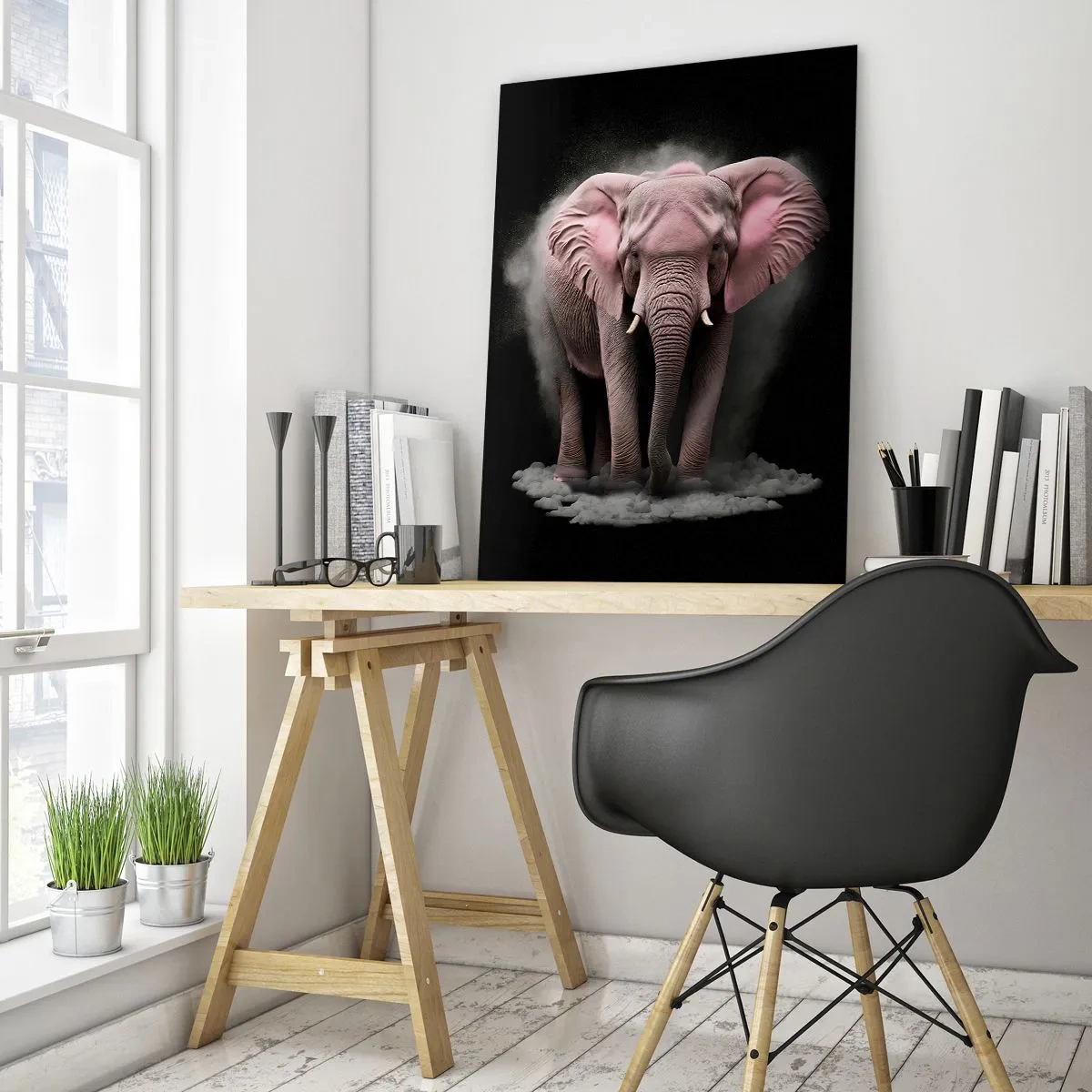 Glasbild - Bild auf glas - Eine künstlerische Interpretation eines rosa Elefanten auf schwarzem Hintergrund - 70x100cm - Denke nicht an einen rosa Elefanten! - Moderne Wanddekoration für Wohnzimmer und Schlafzimmer ARTTOR