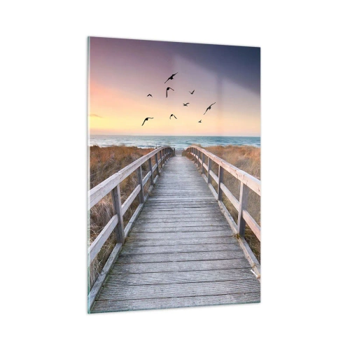 Glasbild - Bild auf glas - Eine hölzerne Fußgängerbrücke über die Dünen, die bei Sonnenuntergang zum Strand führt - 50x70cm - Der Raum für Auffliegen - Moderne Wanddekoration für Wohnzimmer und Schlafzimmer ARTTOR