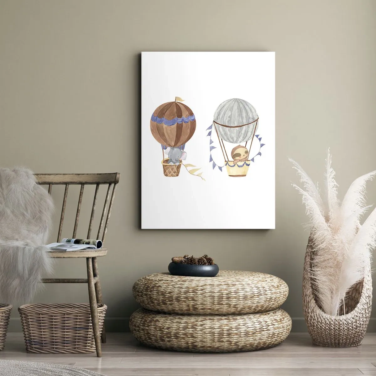 Bild auf Leinwand - Leinwandbild - Niedliche Tiere in Luftballons auf weißem Hintergrund - 50x70cm - Freunde auf Reise - Moderne Wanddekoration für Wohnzimmer und Schlafzimmer ARTTOR