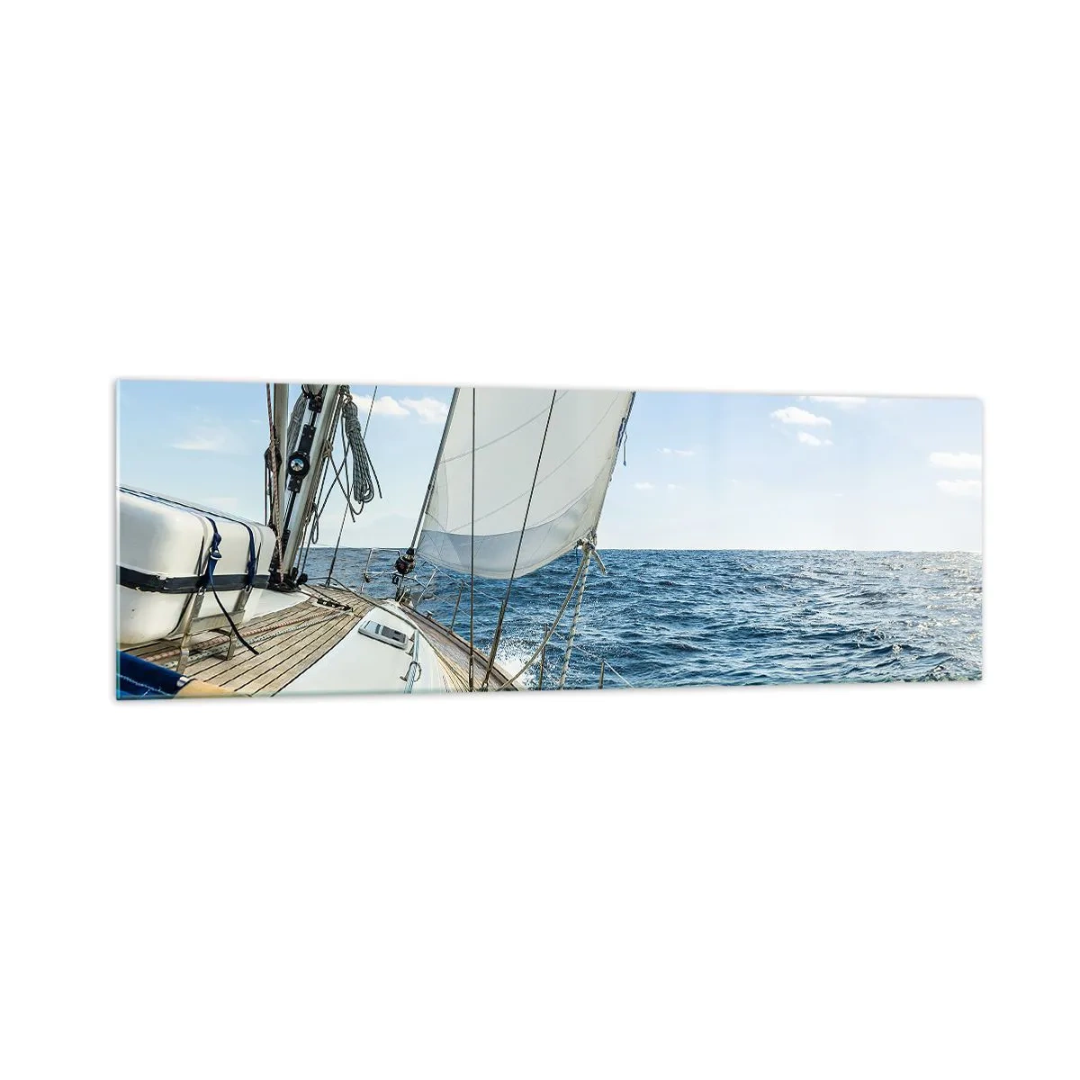 Glasbild - Bild auf glas - Ein Segelboot auf ruhiger See unter blauem Himmel - 160x50cm - Ahoi, Abenteuer - Moderne Wanddekoration für Wohnzimmer und Schlafzimmer ARTTOR