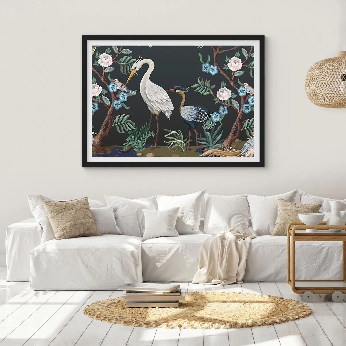 Poster in einem schwarzem Rahmen - Gemalte Vögel und Pflanzen auf dunklem Hintergrund mit elegantem Muster - 100x70cm - Vogelparade - Moderne Wanddekoration für Wohnzimmer und Schlafzimmer ARTTOR