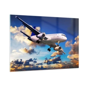 Glasbild - Bild auf glas - Ein Flugzeug im Flug vor einem malerischen Himmel - 100x70cm - Eine Reise in Weiß und Blau - Moderne Wanddekoration für Wohnzimmer und Schlafzimmer ARTTOR