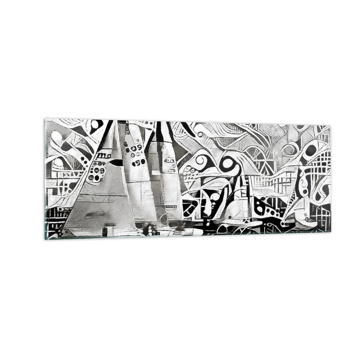 Glasbild - Bild auf glas - Abstrakte Segelboote in einer monochromen Komposition - 140x50cm - Zwischen den Wellen - Moderne Wanddekoration für Wohnzimmer und Schlafzimmer ARTTOR