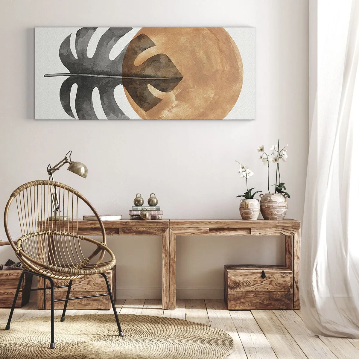 Bild auf Leinwand - Leinwandbild - Monstera-Blatt und goldener Kreis auf hellem Hintergrund - 160x50cm - Immer die Sonne - Moderne Wanddekoration für Wohnzimmer und Schlafzimmer ARTTOR