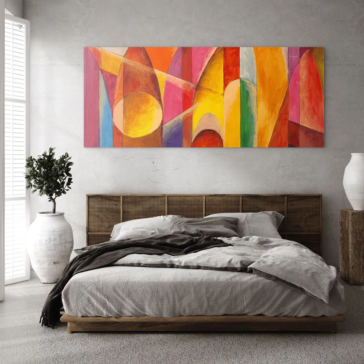 Glasbild - Bild auf glas - Eine abstrakte Komposition voller farbenfroher geometrischer Formen. - 120x50cm - Kathedrale der Sonne - Moderne Wanddekoration für Wohnzimmer und Schlafzimmer ARTTOR