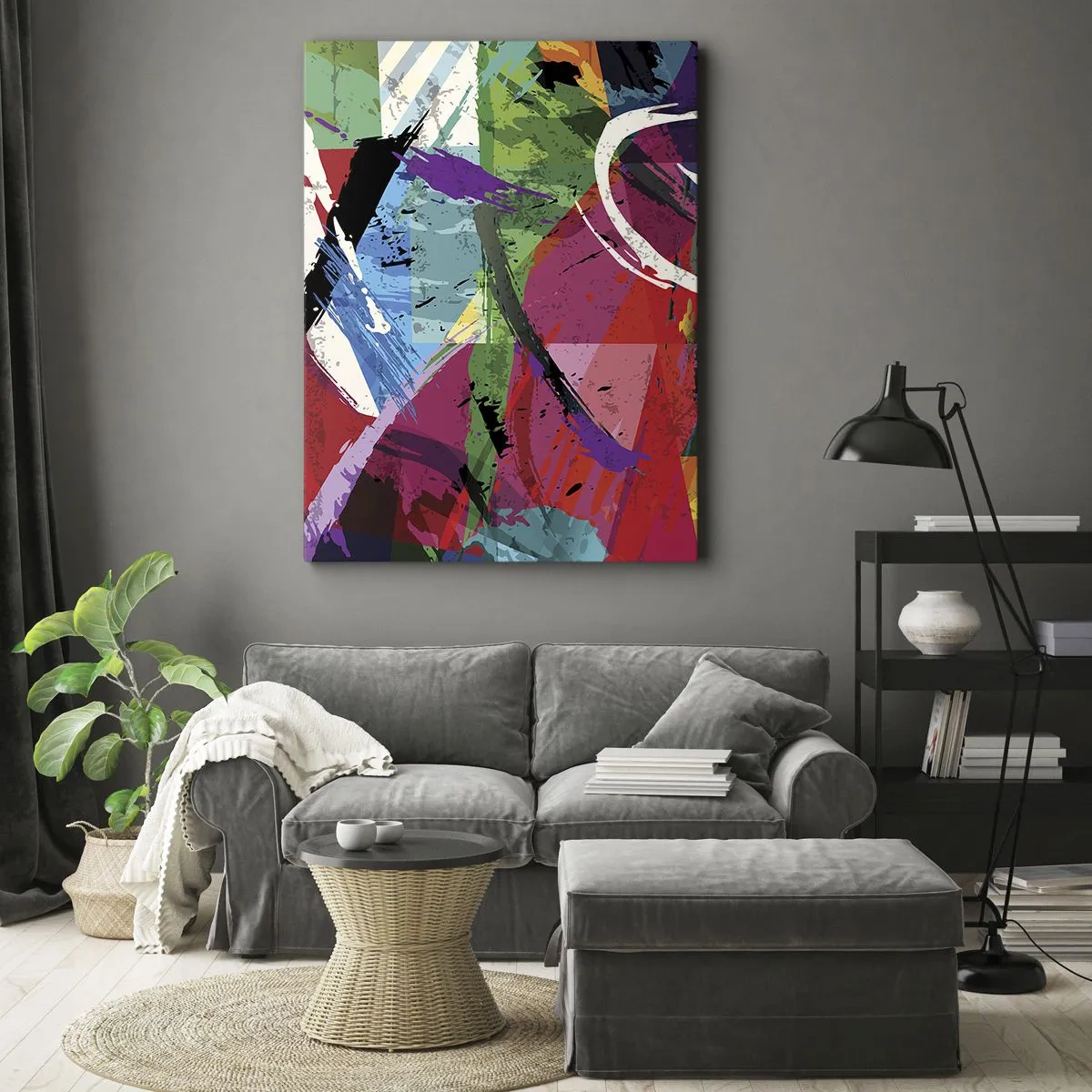 Bild auf Leinwand - Leinwandbild - Farbenfrohe Abstraktion mit dynamischen Pinselstrichen - 50x70cm - Schnell, spritzig und springt - Moderne Wanddekoration für Wohnzimmer und Schlafzimmer ARTTOR