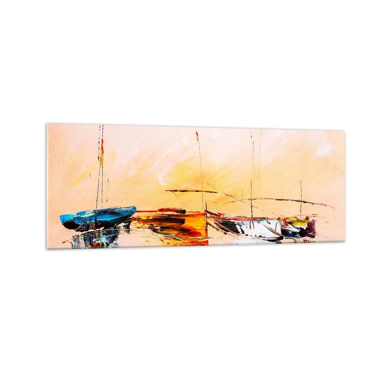 Glasbild - Bild auf glas - Bunte Boote auf ruhigem Wasser bei Sonnenuntergang - 140x50cm - Abend im Yachthafen - Moderne Wanddekoration für Wohnzimmer und Schlafzimmer ARTTOR