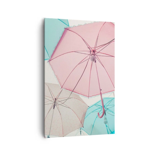 Bild auf Leinwand - Leinwandbild - Pastellfarbene Regenschirme vor einem hellen Himmel - 80x120cm - Mal Sonne, mal Regen - Moderne Wanddekoration für Wohnzimmer und Schlafzimmer ARTTOR