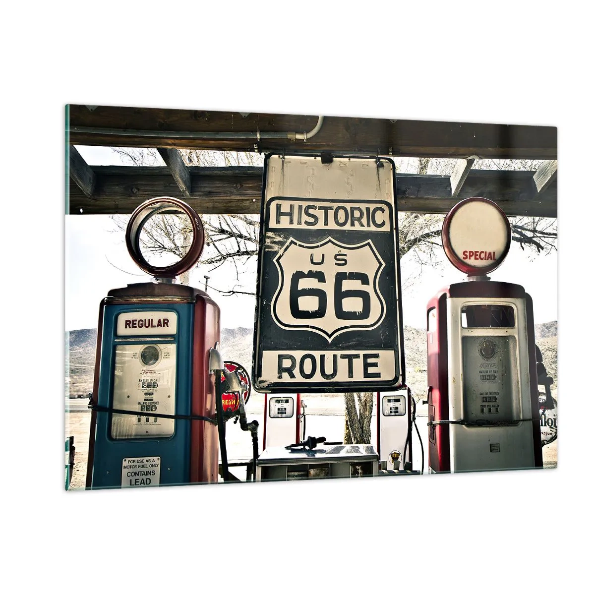 Glasbild - Bild auf glas - Vintage-Zapfsäulen und Route 66-Schild - 120x80cm - Amerikanische Retro-Reise - Moderne Wanddekoration für Wohnzimmer und Schlafzimmer ARTTOR