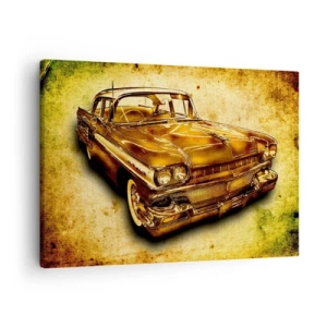 Bild auf Leinwand - Leinwandbild - Ein goldenes klassisches Retro-Auto auf einem Vintage-Hintergrund mit gealtertem Effekt. - 70x50cm - Die unvergängliche Schönheit der Klassiker - Moderne Wanddekoration für Wohnzimmer und Schlafzimmer ARTTOR