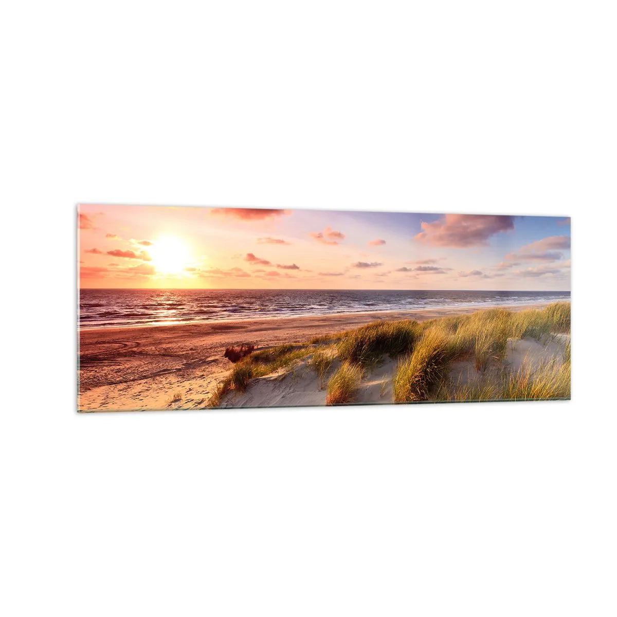 Glasbild - Bild auf glas - Ein grasbewachsener Strand und ein Sonnenuntergang über einem ruhigen Meer - 140x50cm - Die Luft riecht schon im Sommer - Moderne Wanddekoration für Wohnzimmer und Schlafzimmer ARTTOR