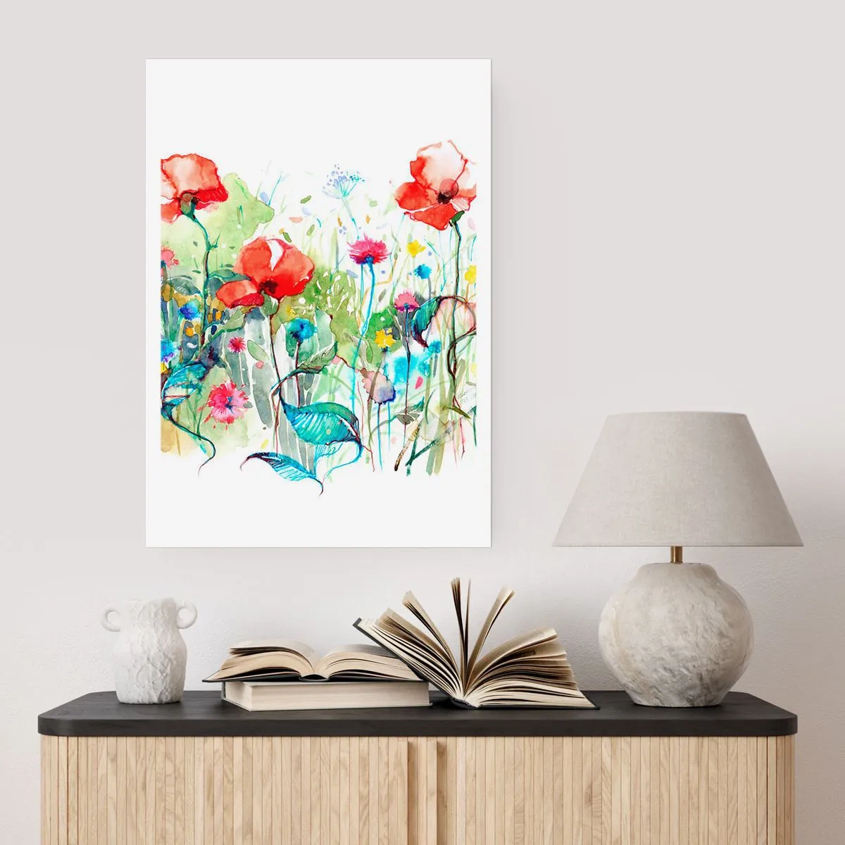 Poster - Ein Aquarell einer Wiese mit Mohnblumen und Wildblumen. - 50x70cm - Blühende Maiwiese - Moderne Wanddekoration für Wohnzimmer und Schlafzimmer ARTTOR