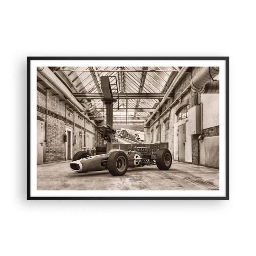 Poster in einem schwarzem Rahmen - Schwarz-weißer Rennwagen in einem industriellen Interieur - 100x70cm - Die Siegerruhe - Moderne Wanddekoration für Wohnzimmer und Schlafzimmer ARTTOR