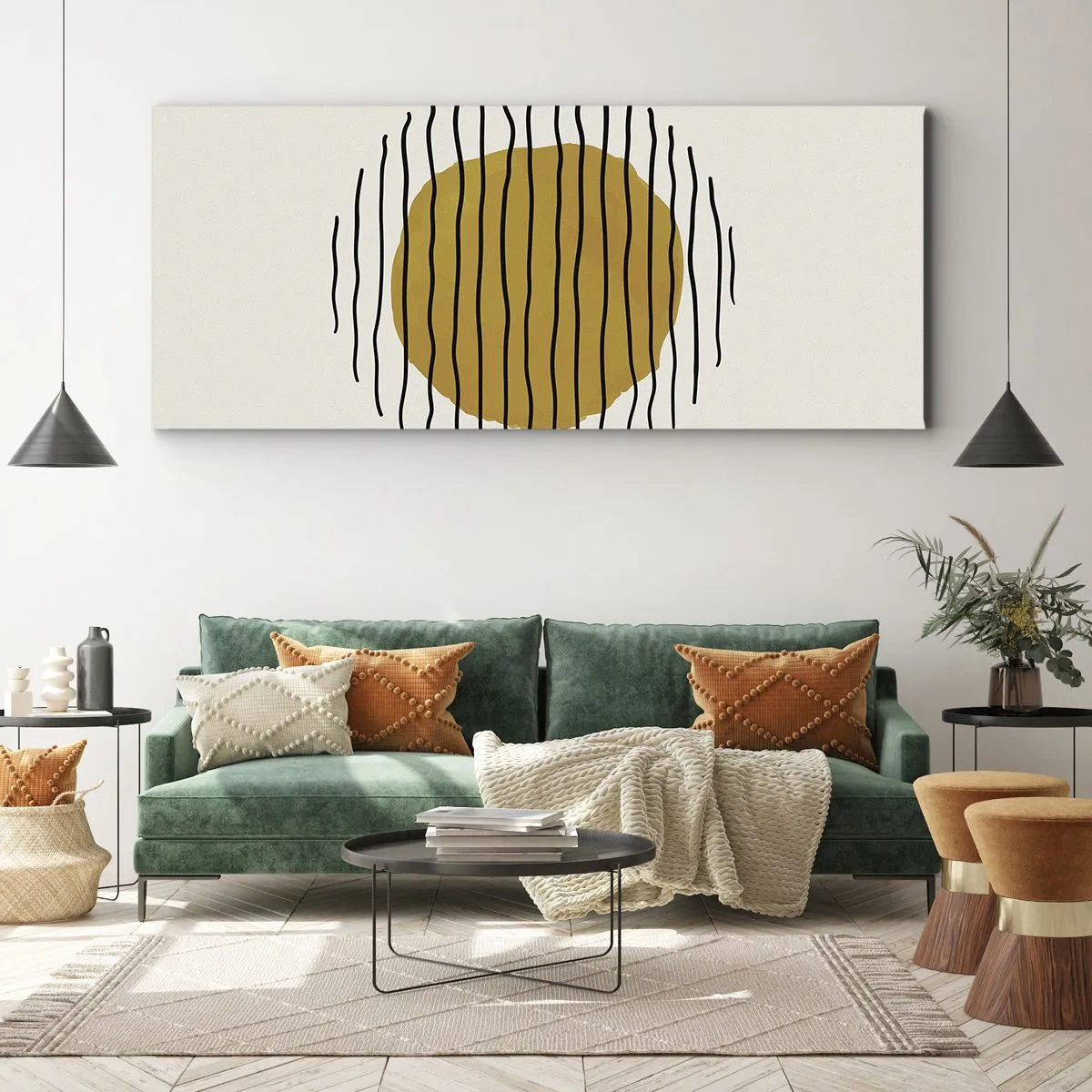 Bild auf Leinwand - Leinwandbild - Ein minimalistisches Motiv mit einem gelben Kreis und schwarzen Linien. - 120x50cm - Abstraktion, die vor Hitze zittert - Moderne Wanddekoration für Wohnzimmer und Schlafzimmer ARTTOR