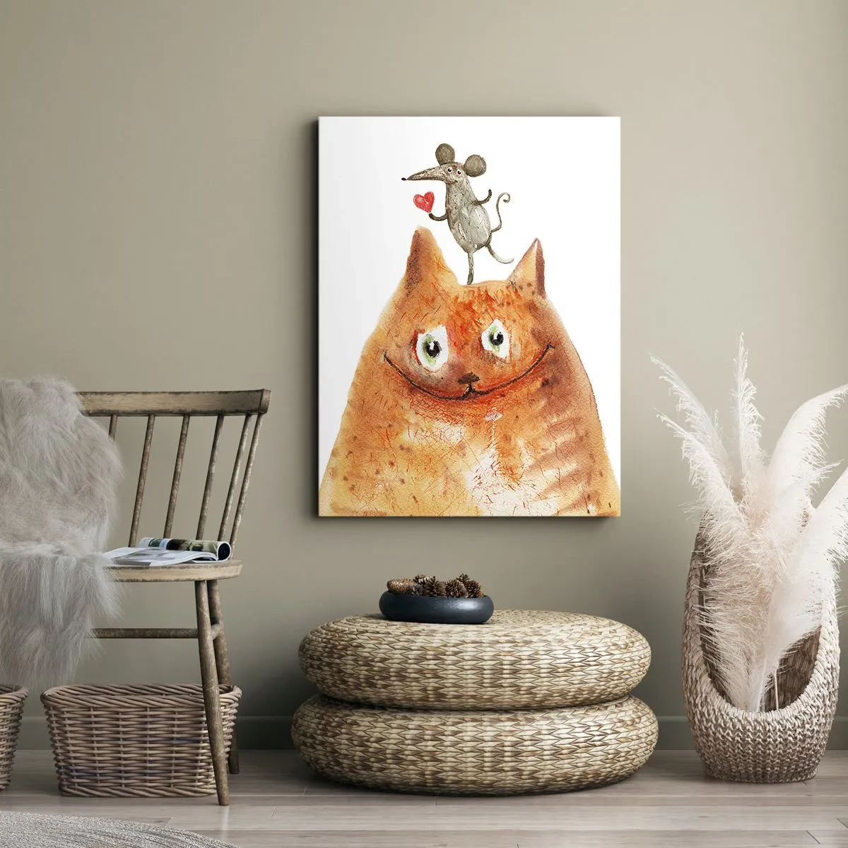 Bild auf Leinwand - Leinwandbild - Eine Zeichnung einer Katze mit einer Maus auf dem Kopf, die ein Herz hält - 50x70cm - Paradoxien der Liebe - Moderne Wanddekoration für Wohnzimmer und Schlafzimmer ARTTOR