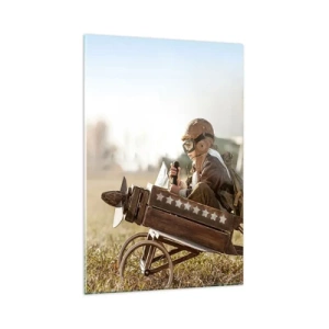 Glasbild - Bild auf glas - Ein Kind in einem Spielzeugflugzeug mit einem Feld im Hintergrund - 80x120cm - Start in Richtung eines Traums - Moderne Wanddekoration für Wohnzimmer und Schlafzimmer ARTTOR